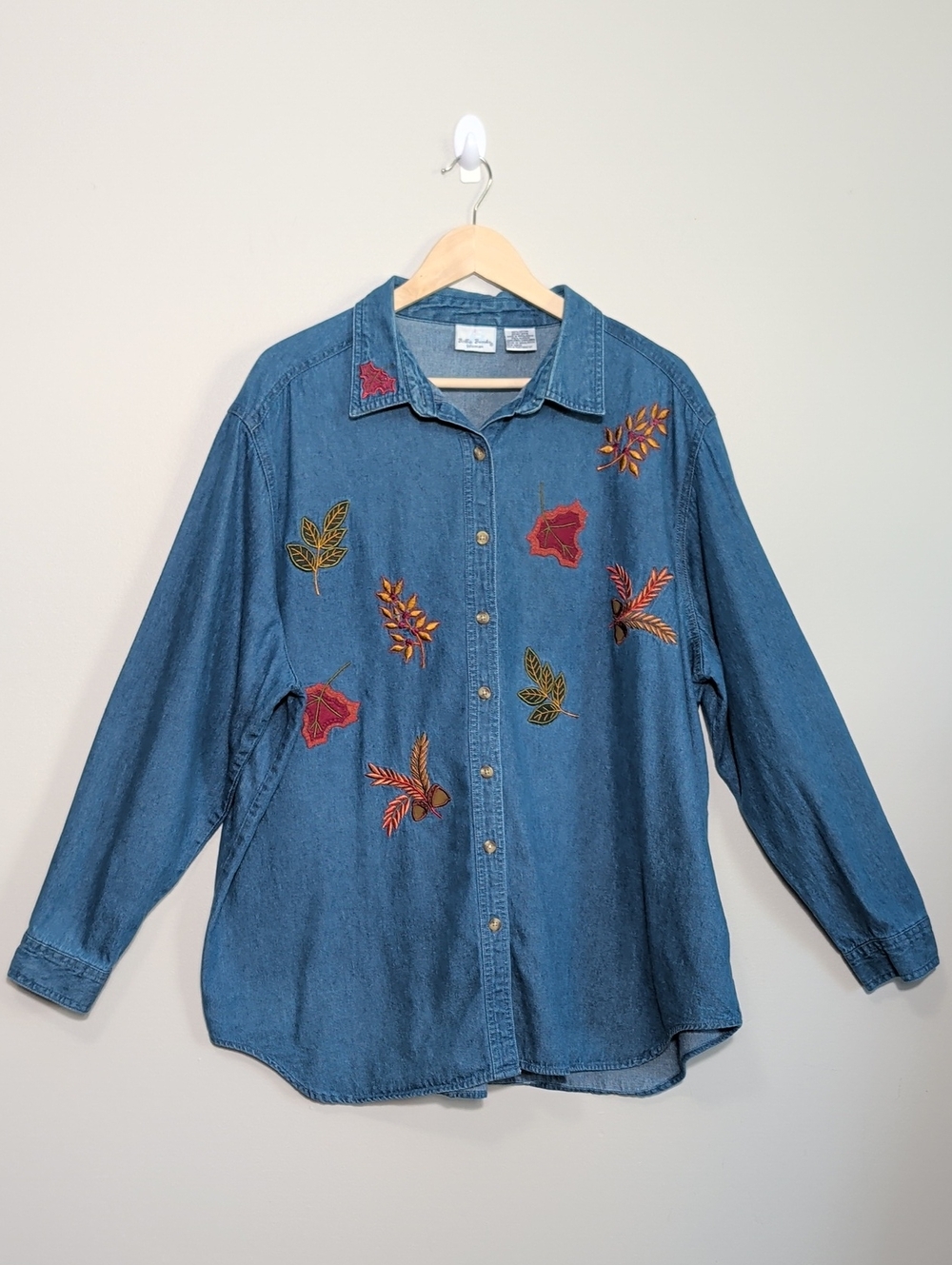 Vtg 90s Bobbie Brooks Embroidered Denim Button Up Shirt Autumn Leaves Plus 22/24